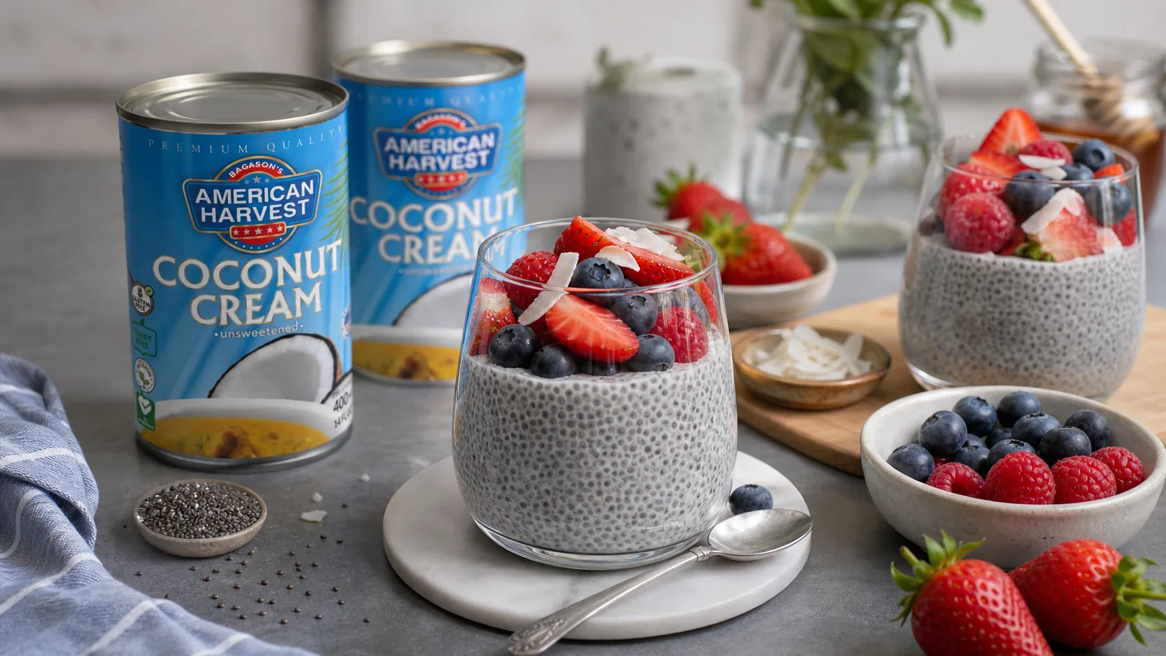Neutral chia seed pudding recipe visual with coconut cream and berries