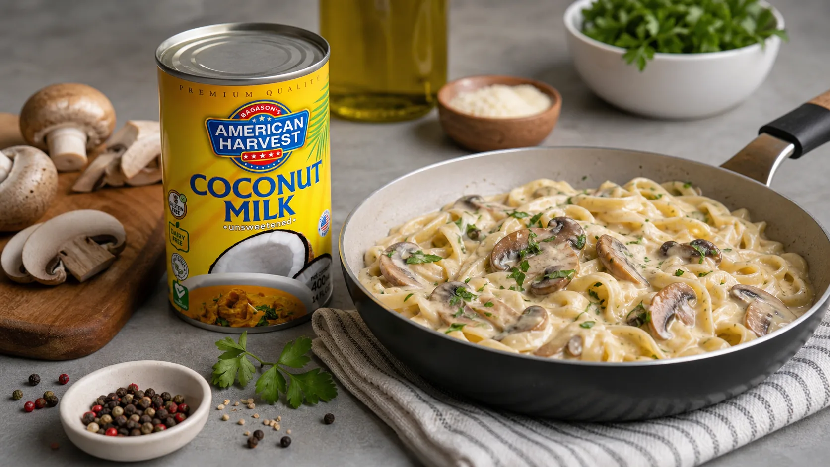 Neutral creamy mushroom pasta recipe visual with coconut milk ingredients