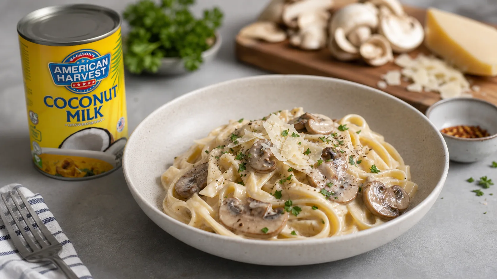 Neutral creamy mushroom pasta recipe visual with coconut milk ingredients