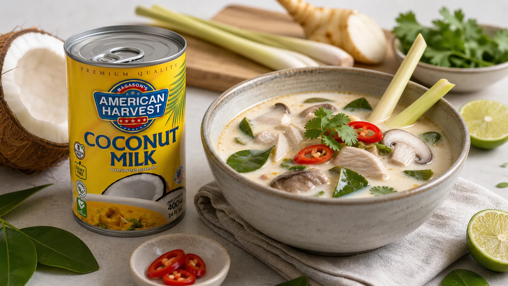 Neutral Thai coconut soup recipe visual with coconut milk ingredients