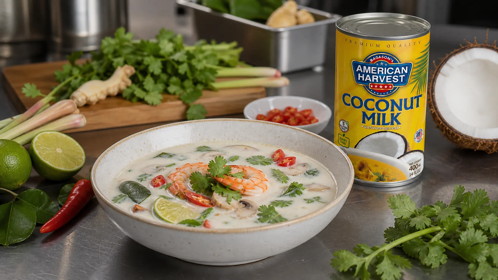 Neutral Thai coconut soup recipe visual with coconut milk ingredients