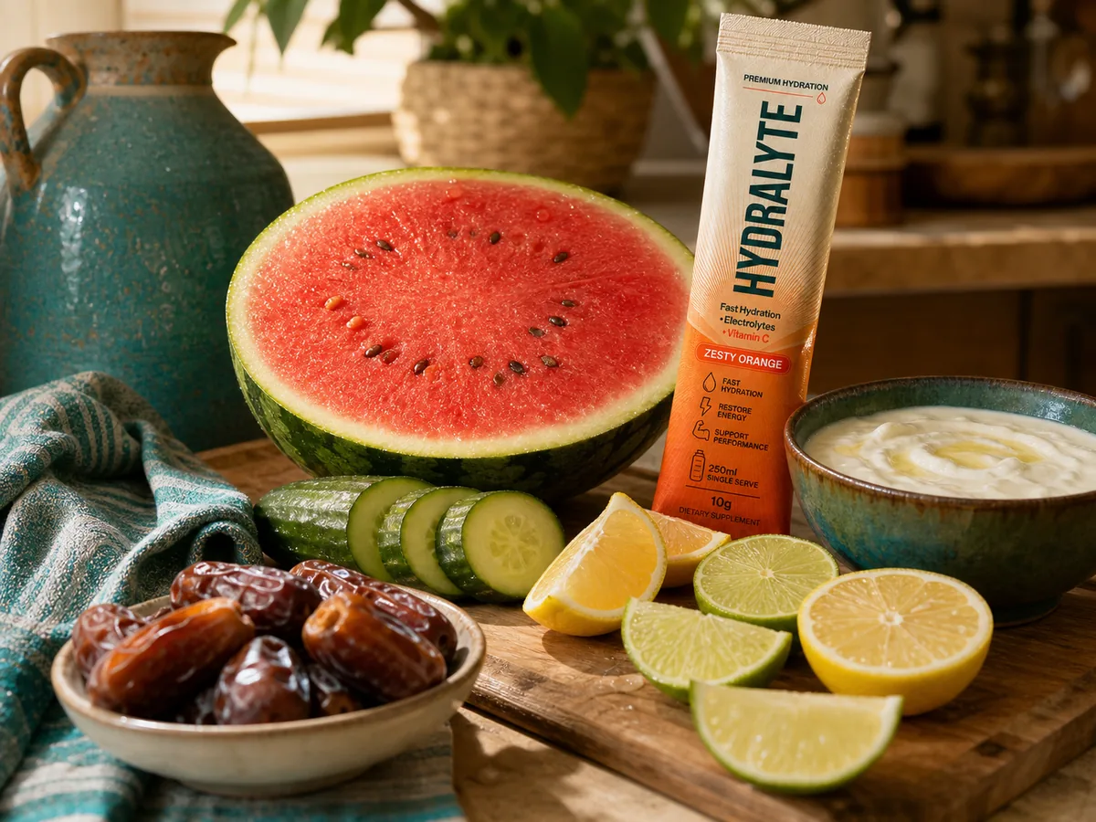 Watermelon, cucumber, citrus, laban and dates on a wooden board as natural hydration foods