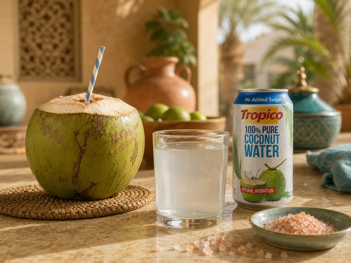 Fresh coconut water in a glass beside mineral salt as a natural electrolyte source