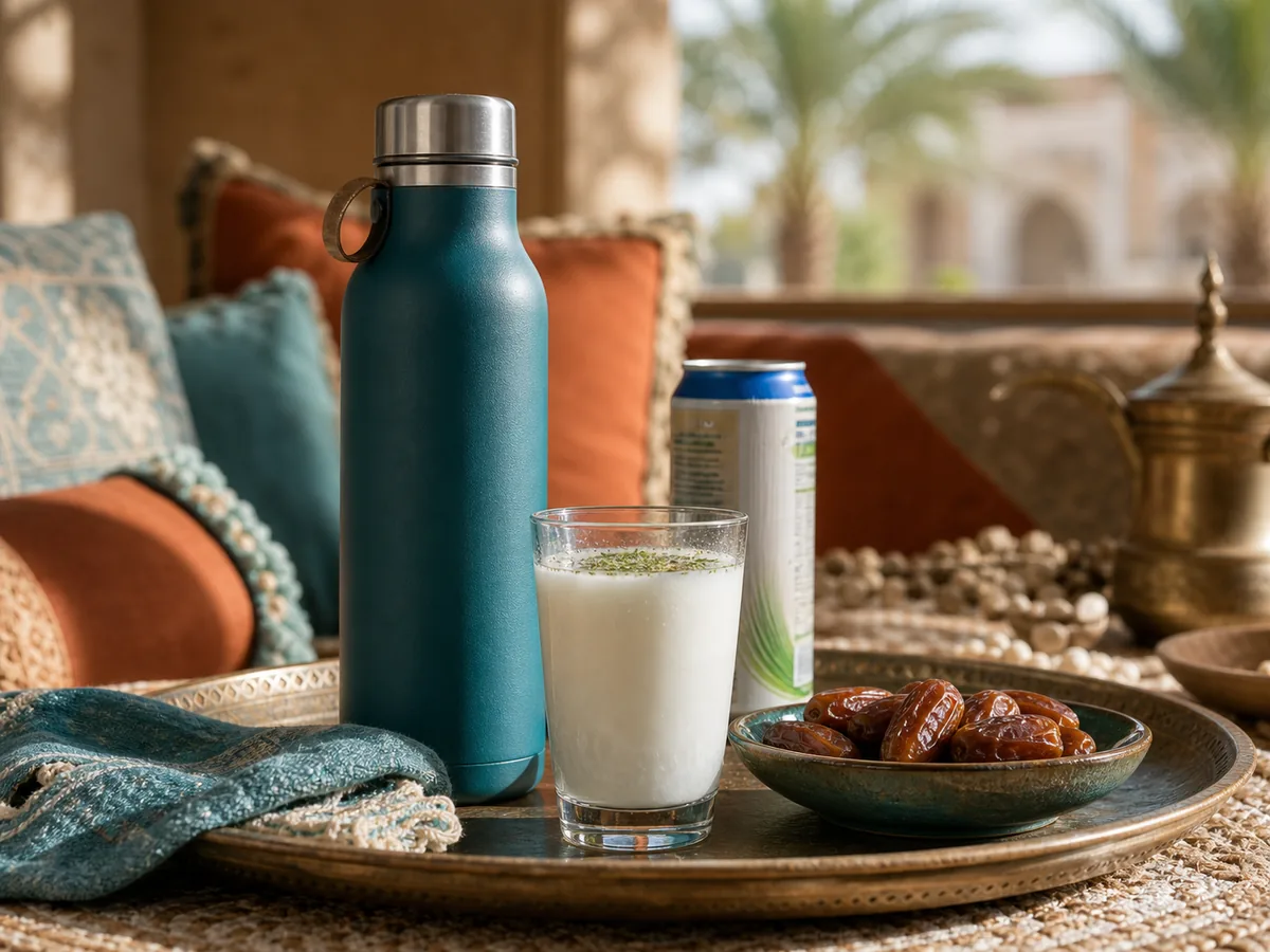 Insulated water bottle, laban and dates on a tray in a sunlit Gulf majlis setting