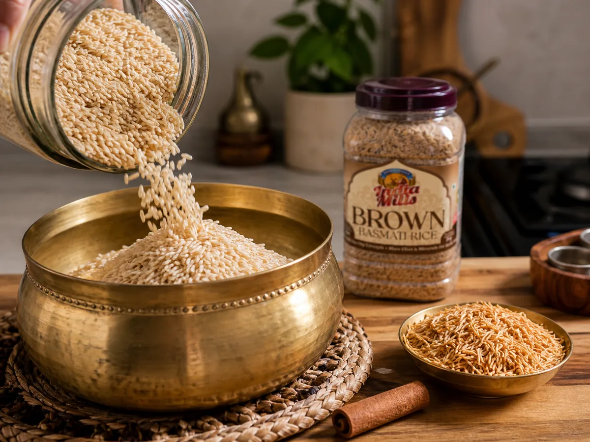 Aged basmati rice poured from a glass jar into a brass bowl with vermicelli and a cinnamon stick on a UAE kitchen counter