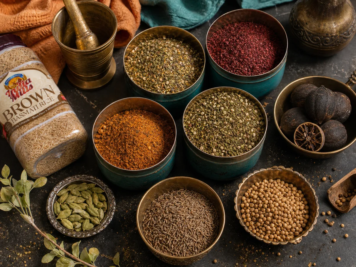 Middle Eastern spice cabinet with bzar, za'atar, sumac, baharat, dried limes and cardamom arranged on dark stone