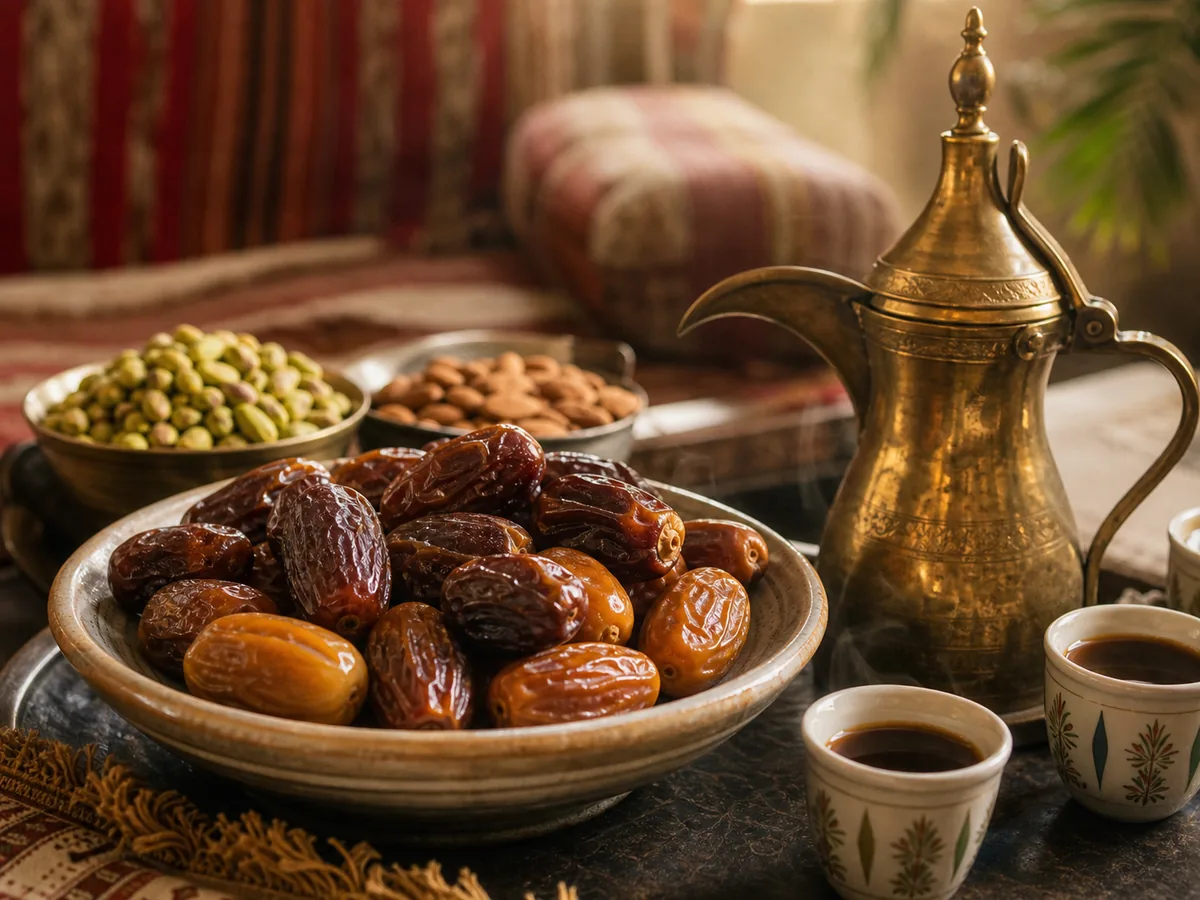 Bowl of medjool and khalas dates beside cardamom Arabic coffee in finjaan cups and a dallah in a UAE majlis setting