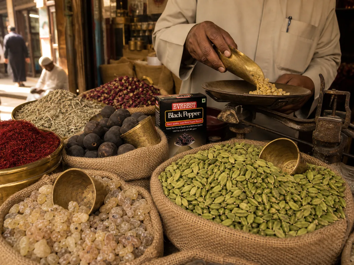 Dried limes, saffron and cardamom in open sacks at Dubai's Deira Spice Souk with a vendor weighing spices