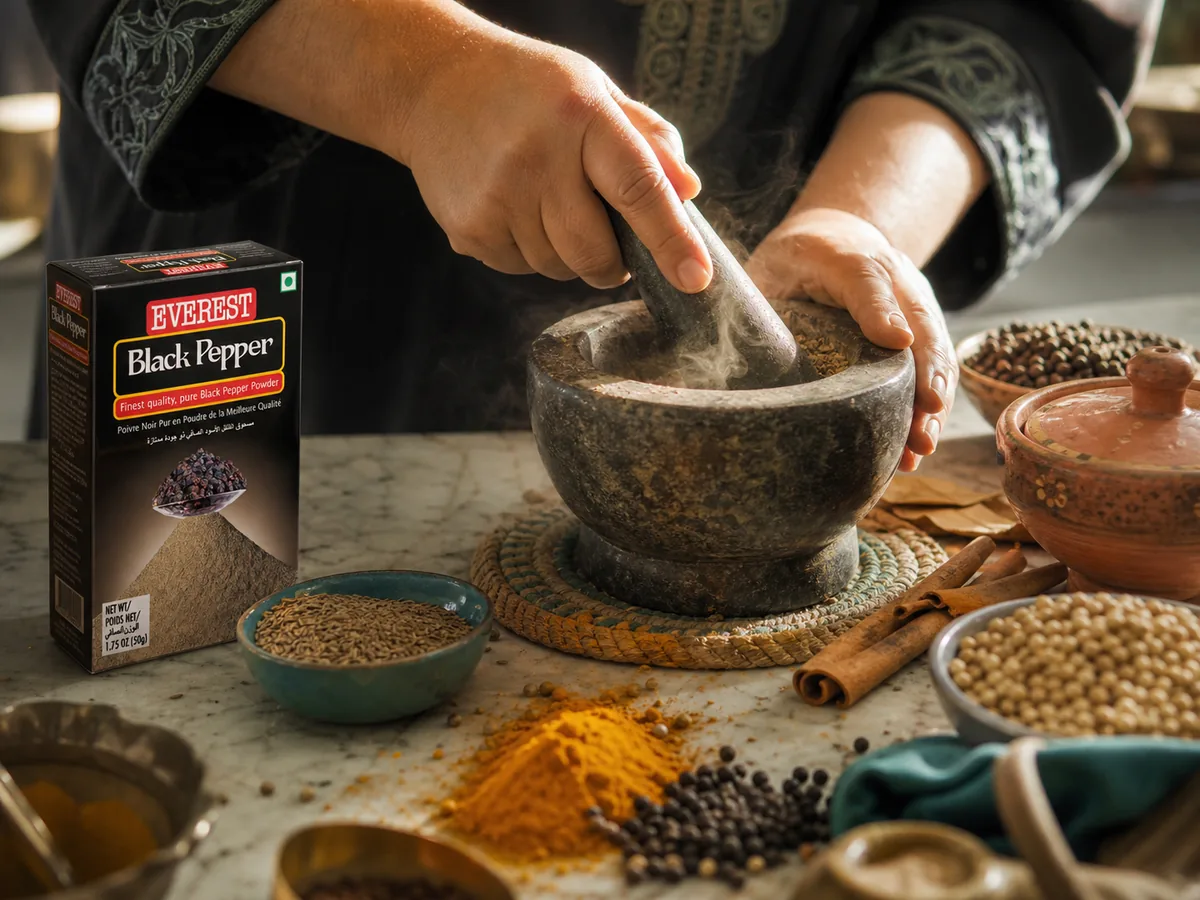 Hands grinding freshly toasted Emirati bzar spice blend in a stone mortar and pestle in a sunlit kitchen