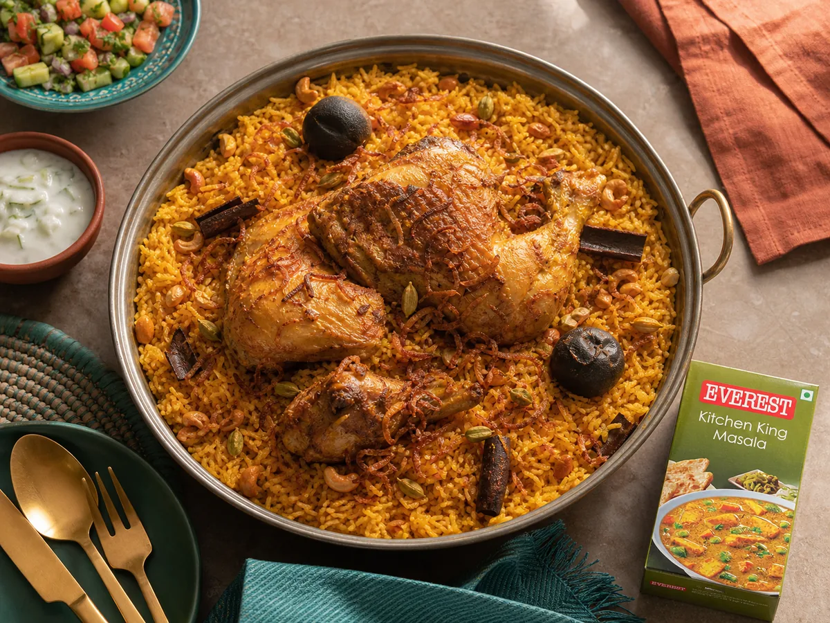 Saffron-scented chicken machboos with whole loomi and cardamom in a traditional Gulf serving dish