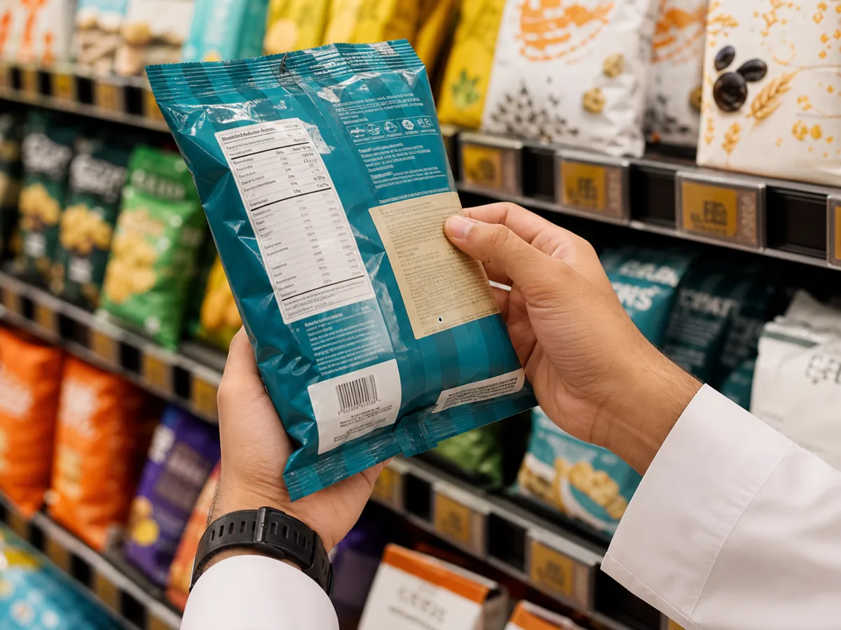 Shopper reading a snack nutrition label in a UAE hypermarket healthy snacks aisle