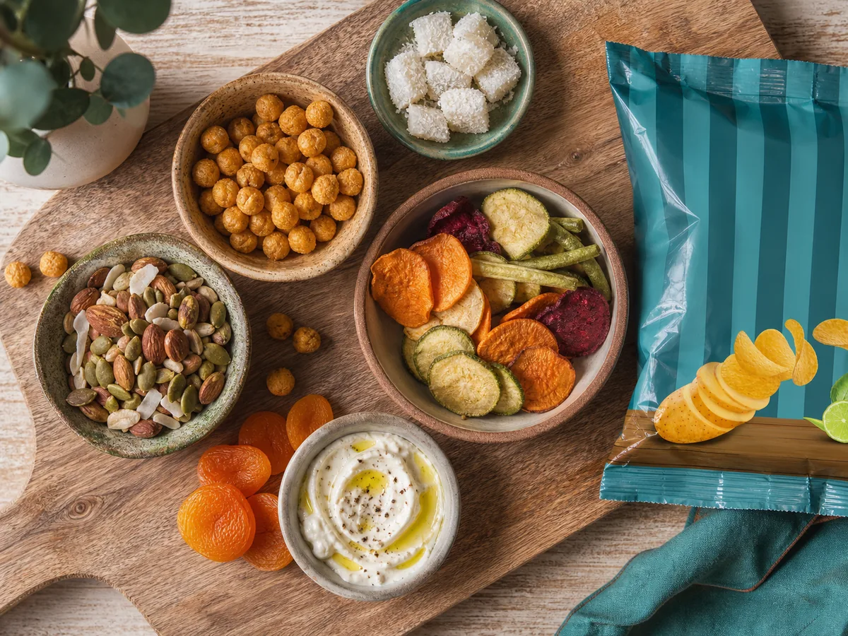 Better-for-you snack formats including chickpea puffs, nuts, seeds and dried fruit on a wooden board