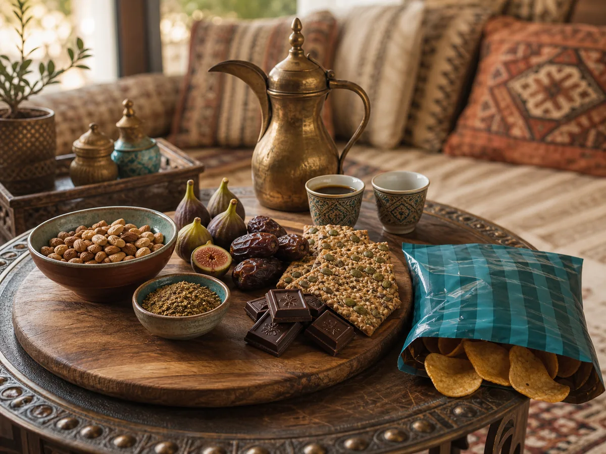 Healthier majlis snack board with nuts, seed crackers, dukkah, dates and Arabic coffee in warm light