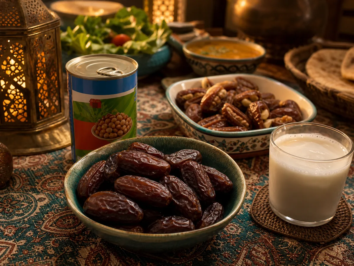 Bowl of fresh Khalas dates and a glass of laban on an Emirati iftar table at dusk