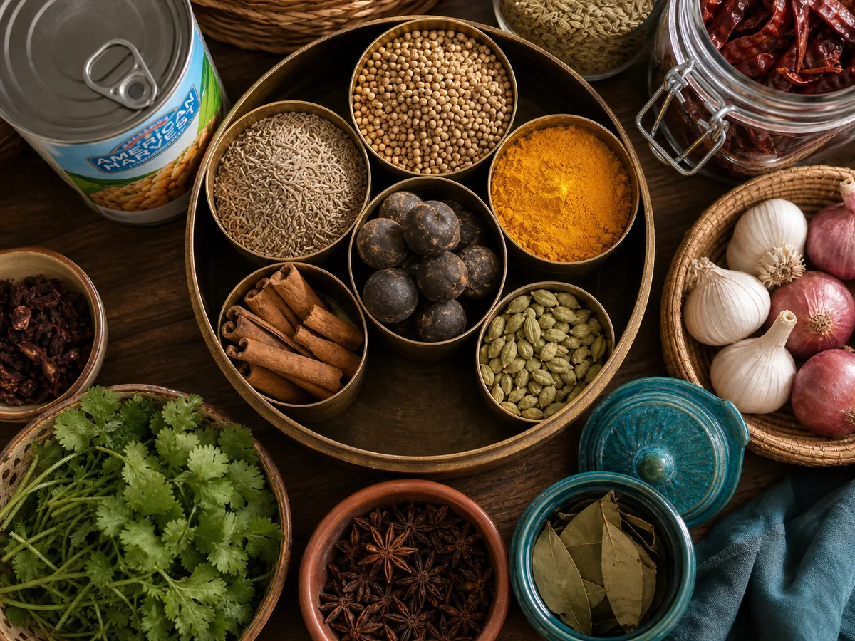 Gulf spice shelf with cumin, coriander, turmeric, cinnamon, cardamom and dried black lime