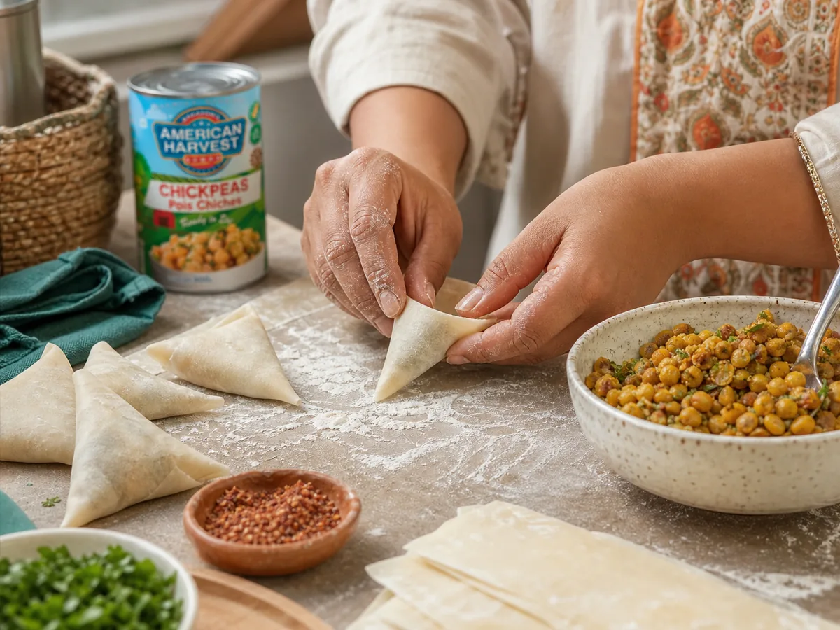 Hands folding fresh samboosa pastry beside a bowl of spiced lentil filling in a UAE kitchen