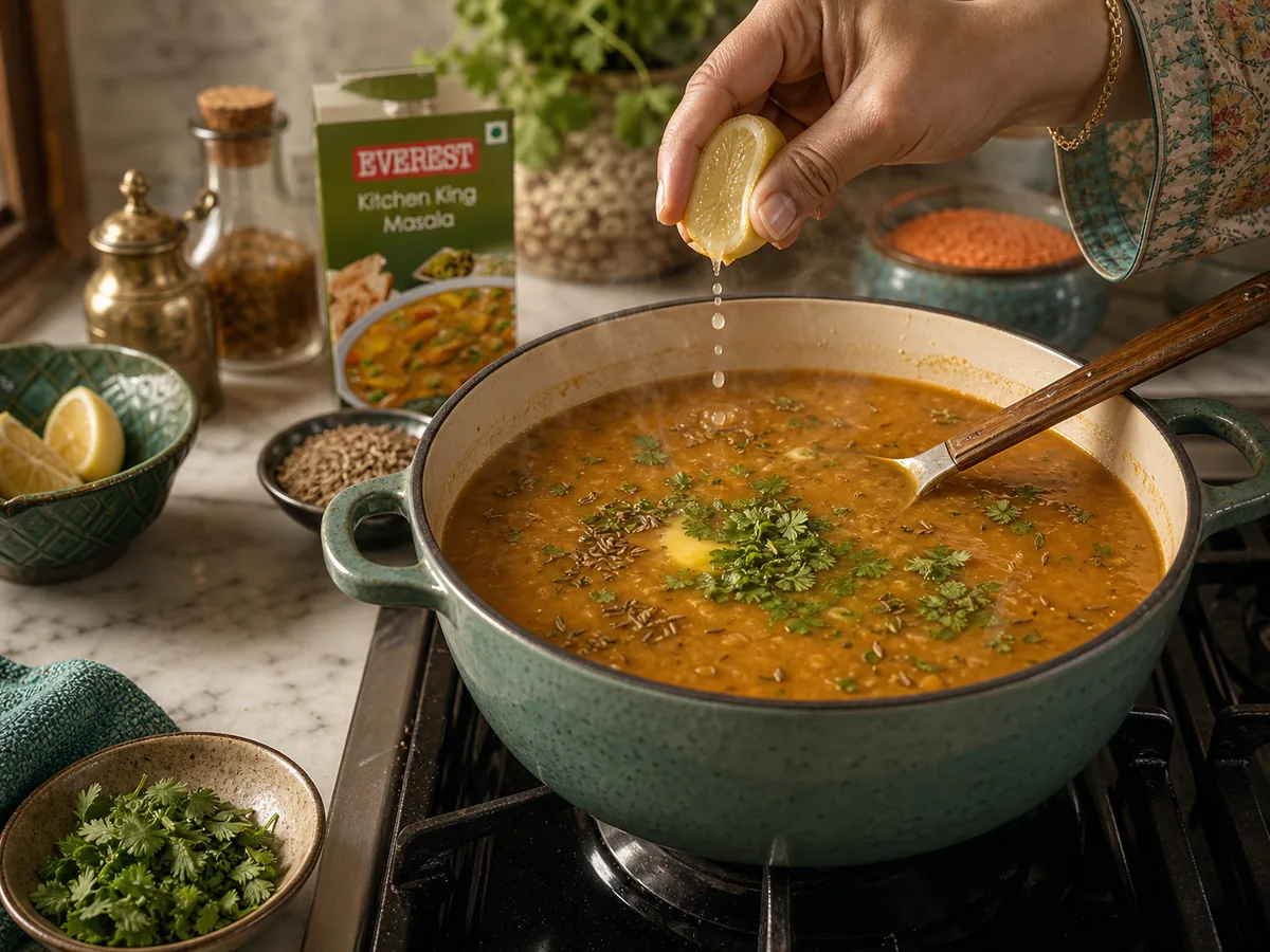 Lemon being squeezed over a pot of golden red lentil shorba with cumin and coriander on a home stovetop