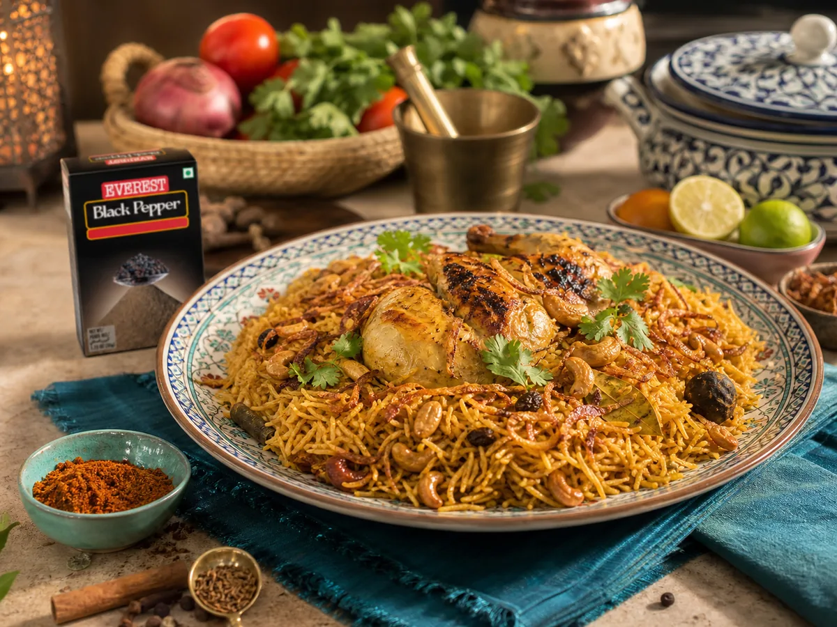 Open pot of saffron chicken machboos with dried lime and basmati rice on a patterned Gulf table cloth