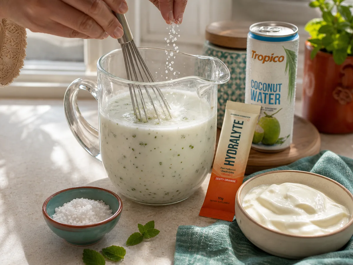 Whisking homemade salted laban with chilled water and dried mint in a glass jug