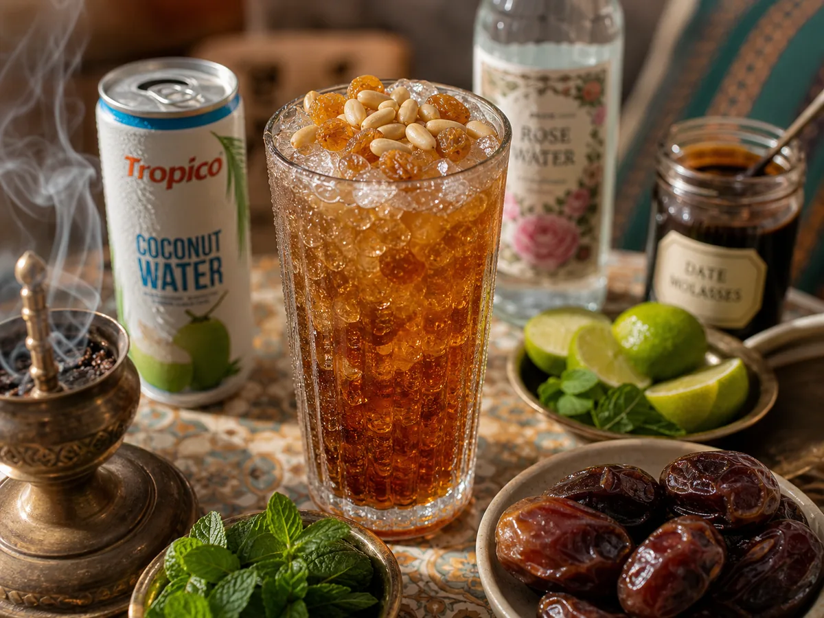 Glass of jallab over crushed ice topped with pine nuts and golden raisins at iftar