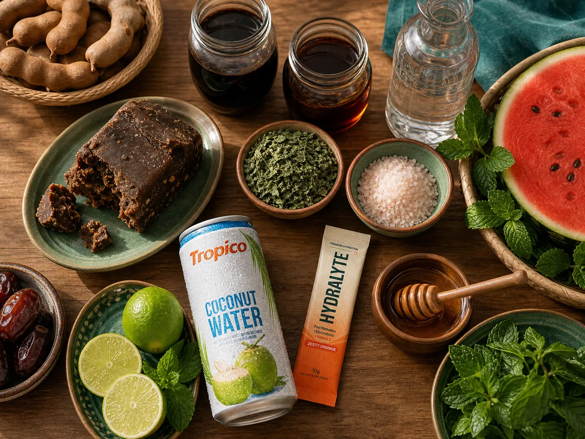 Gulf summer drinks pantry with tamarind, date molasses, rose water, pink salt and limes