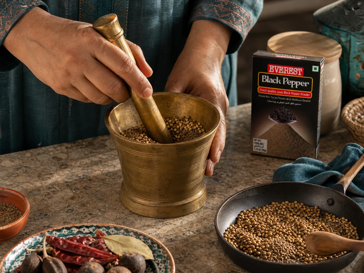 Hands grinding toasted cumin and coriander seeds in a brass mortar and pestle in a Gulf kitchen