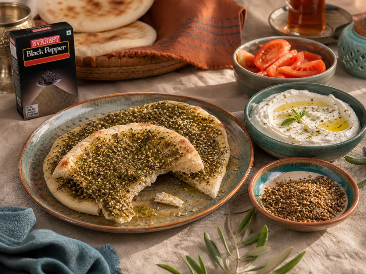 CDATA[Baharat: the all-purpose Arabic seven-spice
If a Gulf kitchen could keep only one blend, baharat would earn the spot. The name simply means "spices" in Arabic, and the blend lives up to it: a warm, slightly sweet, deeply savoury base that flatters almost any protein or vegetable it touches. A typical jar carries black pepper, cumin, coriander, cinnamon, cloves, nutmeg, cardamom and paprika, and Gulf versions add a generous pinch of turmeric for colour and earthiness. That single mix replaces the eight or nine jars you would otherwise pull down one by one, which is exactly why busy home cooks reach for it on a Tuesday night when machboos feels like too much effort but plain salt feels like a missed opportunity.
The flavour logic is worth understanding so you can adjust rather than follow a recipe like a stranger in your own kitchen. Black pepper and cumin do the heavy lifting on the savoury, grounding end. Coriander brings a soft citrus lift. Cinnamon, cloves and nutmeg are the sweet, aromatic warmth that makes baharat read as "Arabic" the moment it hits hot oil. Cardamom adds a cool, almost floral note that keeps the whole thing from turning heavy, and paprika rounds it with gentle fruitiness and colour. Once you taste those roles separately, you can lean the blend wherever you like: more cinnamon and clove for festive lamb, more cumin and pepper for everyday mince.
A balanced baharat ratio to start from
A reliable starting point: four parts black pepper, four parts cumin, four parts coriander, two parts cinnamon, two parts paprika, and one part each of cloves, nutmeg, cardamom and turmeric. Toast and grind the whole spices (more on that below), mix, and taste a pinch on the back of your hand. Too sharp? Add cinnamon. Too sweet? More cumin and pepper. Keep the first batch small so you can refine it before committing to a big jar. Every household ends up with its own signature, and that is the point: the ratio above is a doorway, not a rulebook.
Dry rub vs wet marinade
Baharat works two ways. As a dry rub, massage it straight onto chicken thighs, lamb chops or cauliflower steaks with a little salt, and let the spice sit on the surface so it crusts in the oven or on the grill. As a wet marinade, loosen it with olive oil, lemon juice and crushed garlic into a paste that clings and tenderises over a few hours in the fridge. The dry route gives you a sharper, more concentrated crust; the wet route carries flavour deeper into the meat and is the better choice for kofta and kebabs that will char fast over coals. Lamb kofta, a chicken machboos base, lentil soup, roast vegetables and a quick kebab marinade are the five dishes that will teach you baharat faster than any tutorial.
![Zaatar manakish flatbread with olive oil served beside labneh and dukkah for a Gulf breakfast
