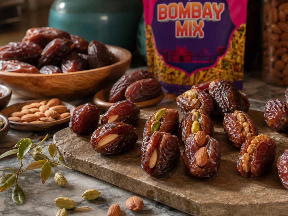Premium Gulf dates sorted by variety, some stuffed with almonds and pistachios, on a stone surface with scattered nuts