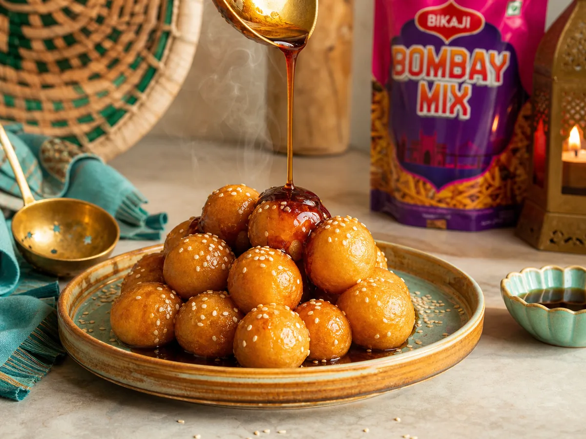Golden luqaimat dumplings being drizzled with dark date syrup and sesame seeds on a rustic ceramic plate