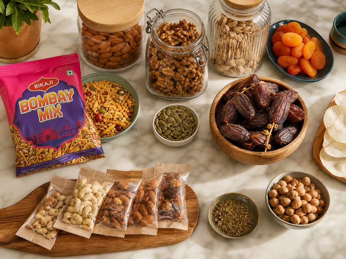 Modern UAE snack pantry flat-lay with jars of nuts and seeds, a bowl of dates and single-serve snack packs on marble