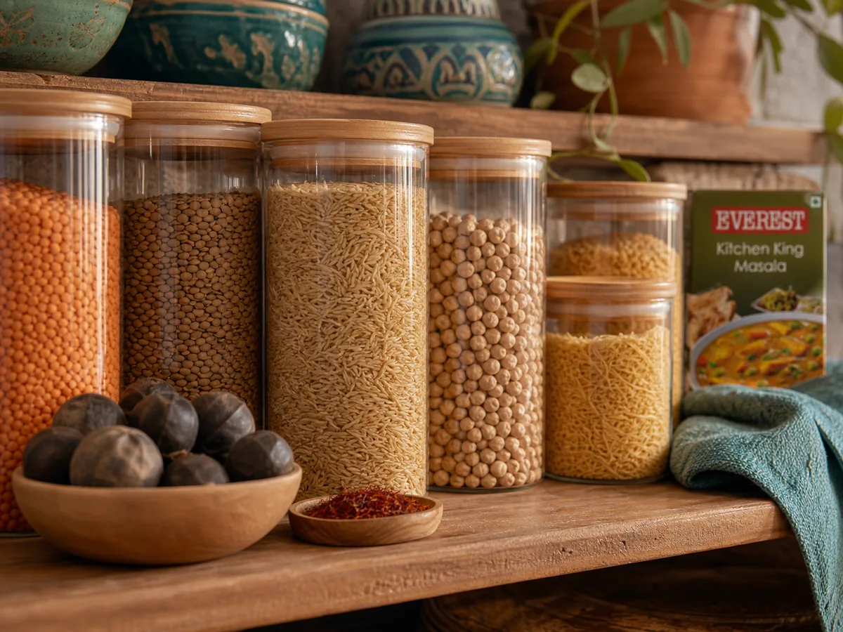 Emirati pantry staples on a tray: dried loomi limes, bzar spice blend, cardamom, cinnamon, saffron, basmati rice and ghee