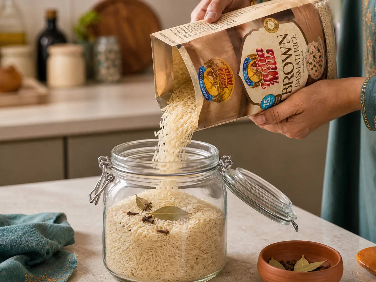 Hands pouring basmati rice into an airtight glass jar with bay leaves to prevent weevils in a humid Dubai kitchen