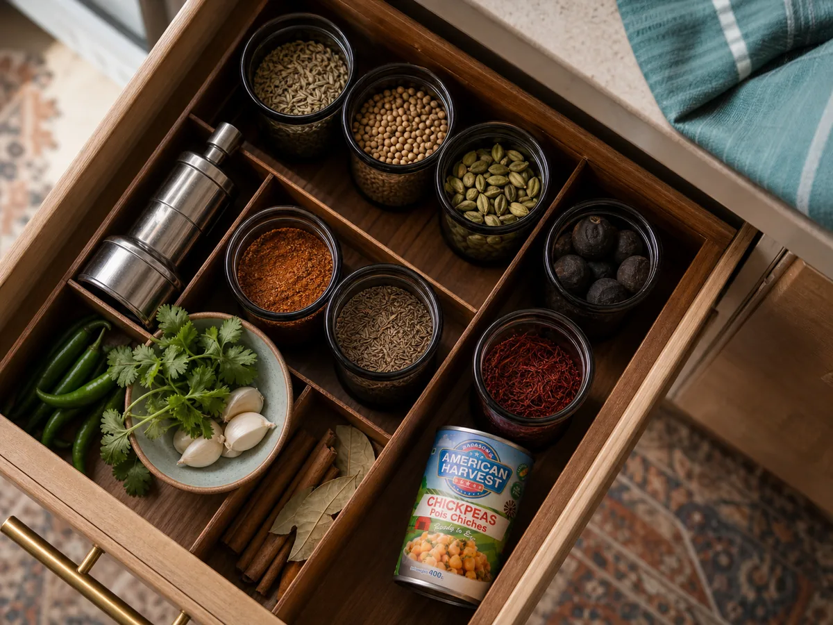 Organised Gulf spice drawer with whole cumin, cardamom, baharat, saffron and dried loomi limes stored in dark glass jars