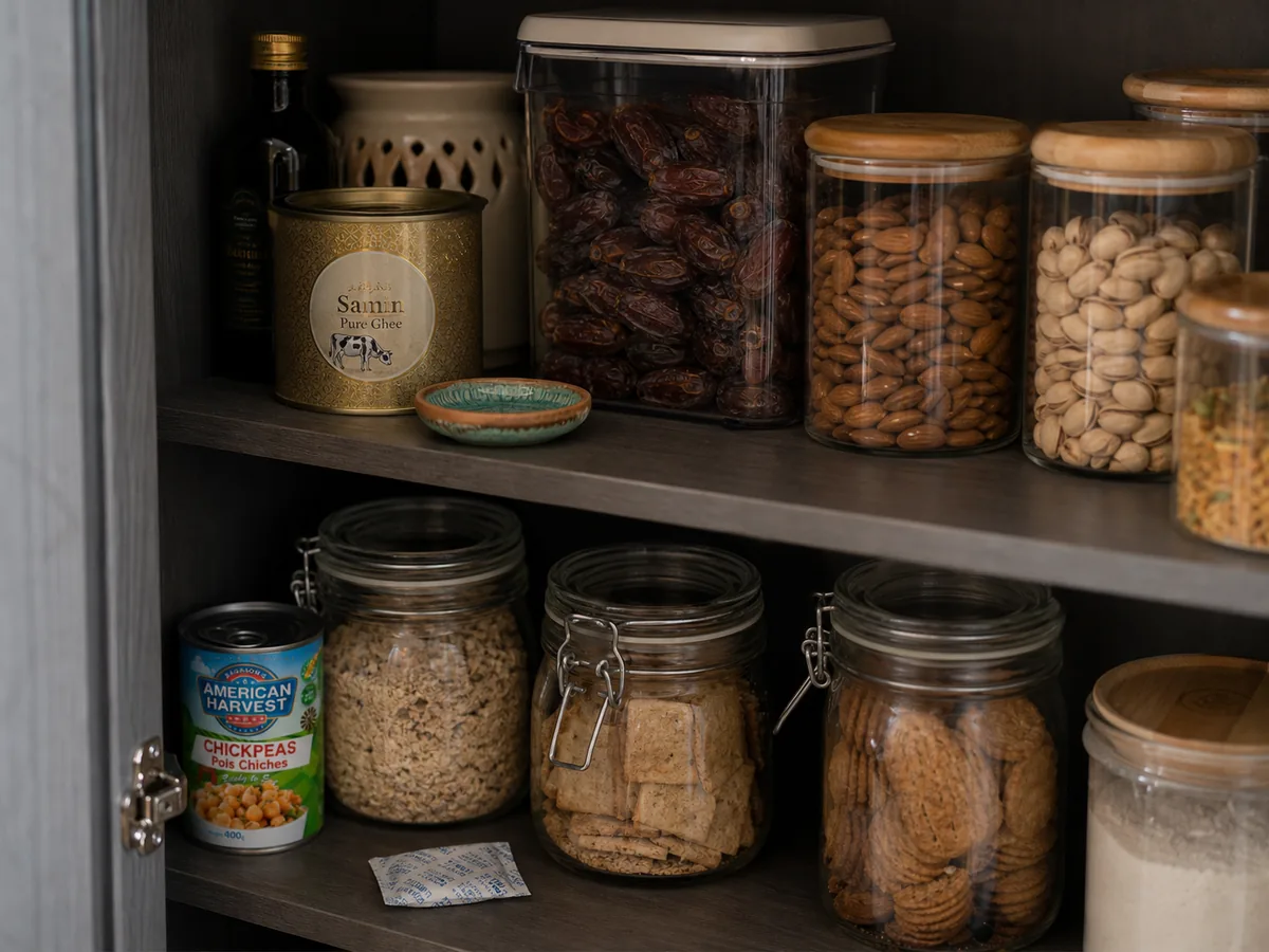 Cool dark UAE pantry cupboard with sealed dates, nuts, snacks, ghee and oil stored with a desiccant sachet against humidity