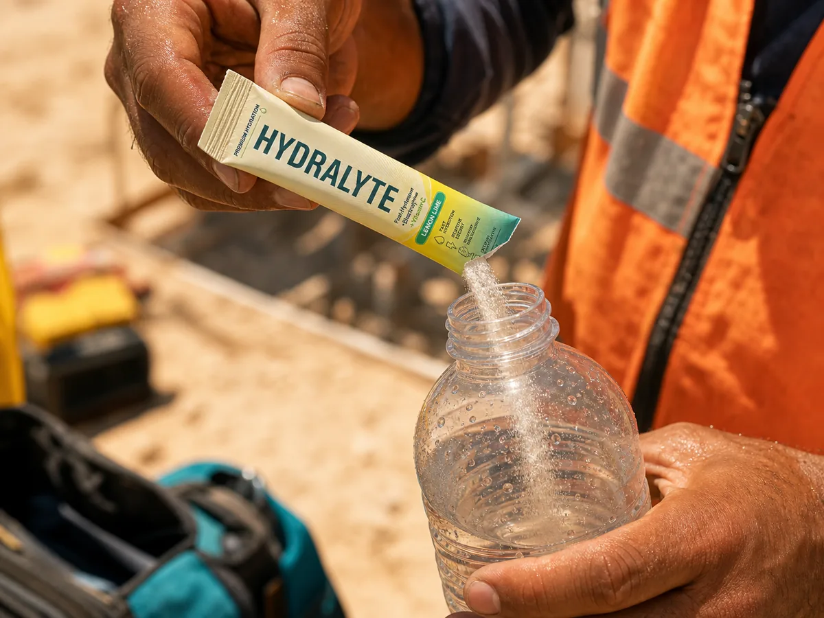 Worker mixing a single-serve electrolyte powder sachet into a water bottle at a sunny UAE worksite