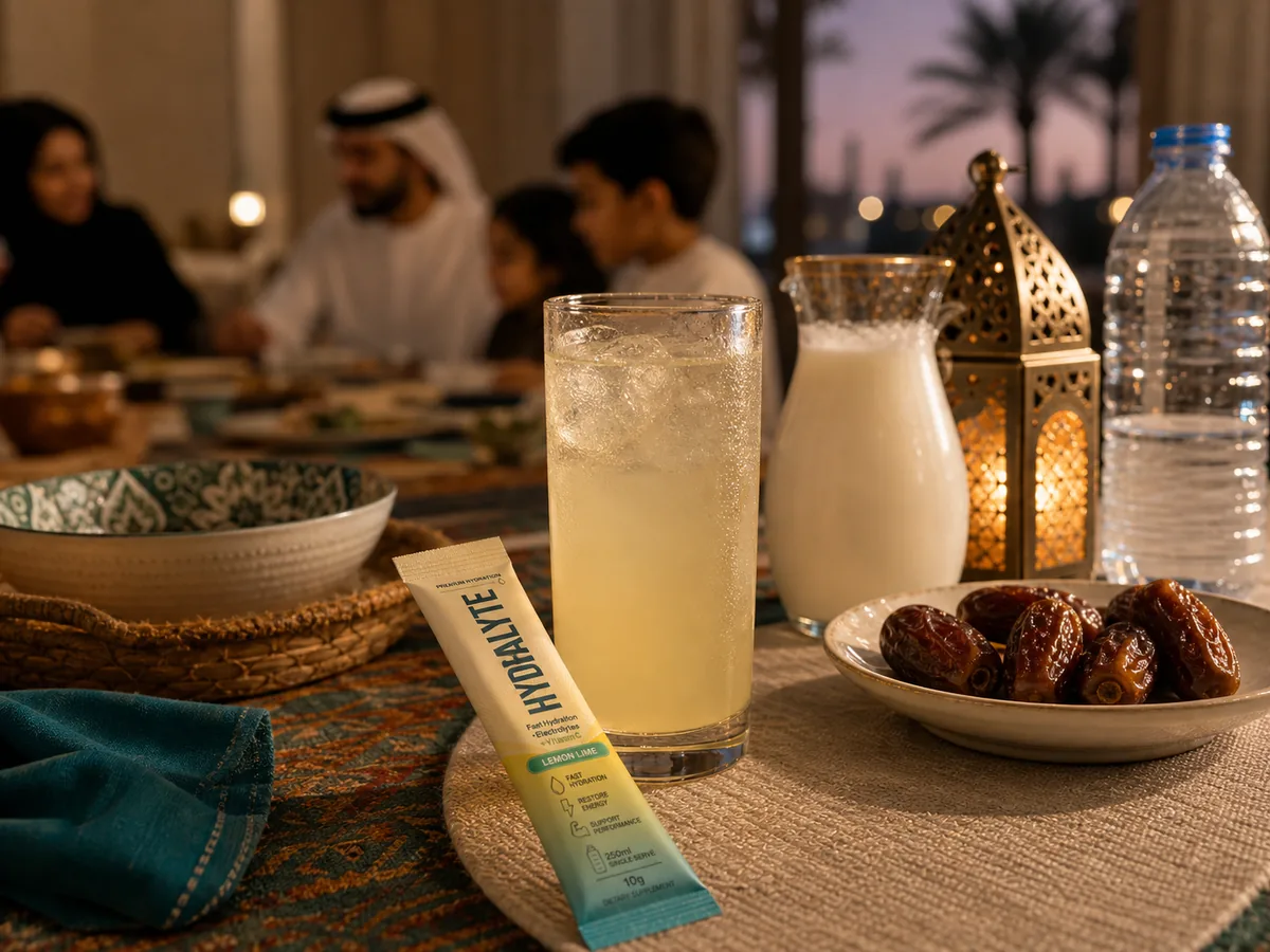 Pale lemon electrolyte drink and dates on a Ramadan iftar table in an Emirati majlis at dusk