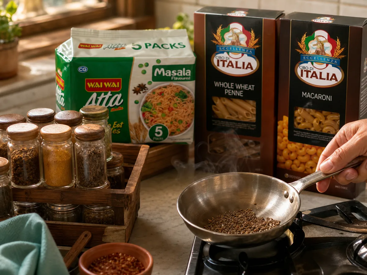 Wooden spice rack with whole and ground spices beside a hand toasting cumin seeds in a steel pan
