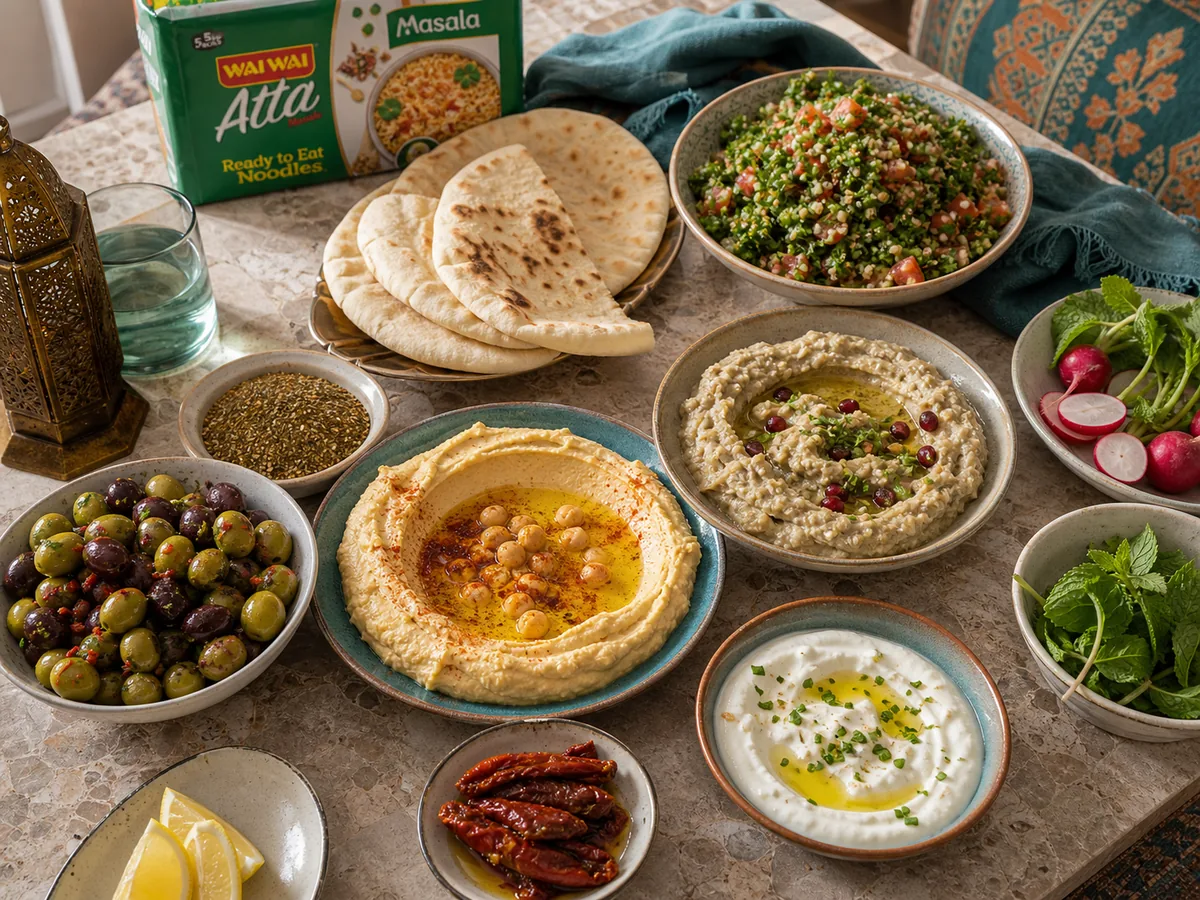 Levantine mezze spread with hummus, sumac, tabbouleh, olives and flatbread on a stone table