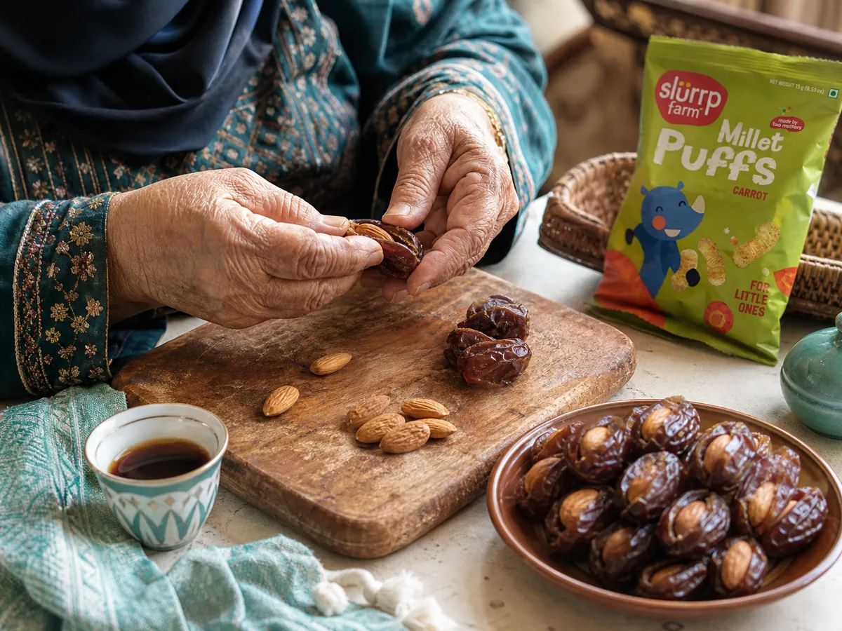 Hands stuffing fard dates with almonds to make tamr mahshi beside Arabic coffee