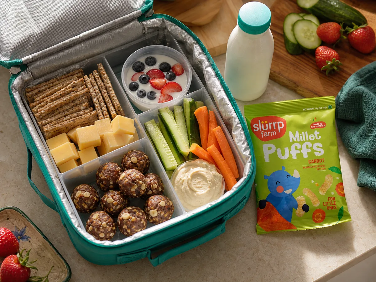 Healthy UAE school lunchbox with crackers, cheese, yogurt, date bites and laban