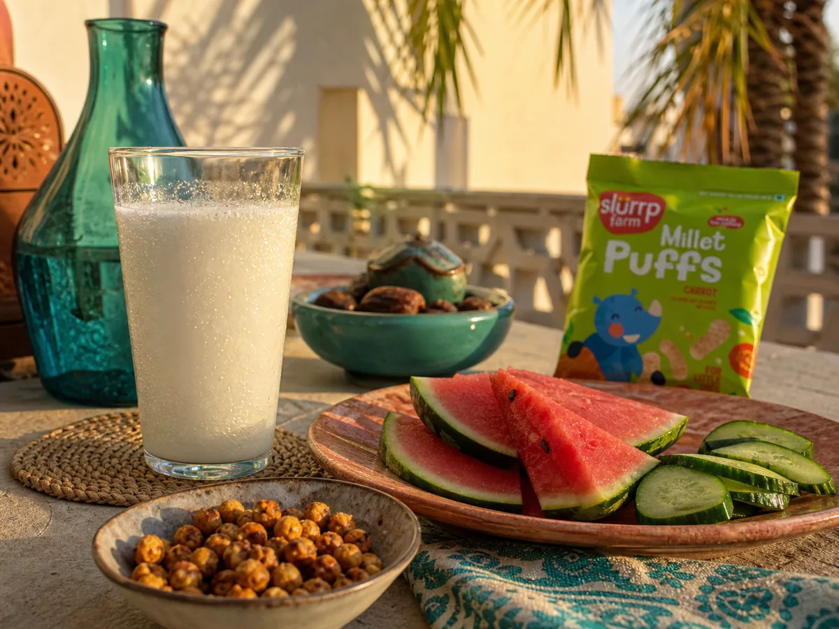 CDATA[Heritage on the plate: dates, nuts and seeds as the original power snack
Long before anyone printed "high protein" on a wrapper, Gulf families were handing children a fistful of nuts and a couple of dates to carry them from the noon prayer to the evening meal. The heritage snack tray is not a nostalgic relic. It is one of the most nutritionally sensible plates you can put in front of a hungry household, and it scales effortlessly from a quiet weekday afternoon to a full majlis.
Start with dates, because in the Emirates you start with dates. Khalas is the everyday favourite, soft and caramel-toned, mild enough that fussy eaters rarely refuse it. Fard is darker and chewier, a workhorse date that holds up well stuffed or chopped into baking. Lulu is small, smooth and gentle, a good first date for toddlers. Majdool (medjool) is the showpiece, large and honeyed, the one you set out whole when guests arrive. The natural sugars in dates come bundled with fibre, potassium and a little magnesium, which is exactly why they release energy more steadily than a spoon of refined sugar would on its own. Two or three dates is a genuine snack for an adult; one or two suits a child.
The make-ahead trick worth learning is tamr mahshi, dates split and stuffed with a whole almond or a walnut half. The pairing matters more than it looks: the protein and healthy fat from the nut slow the sugar release from the date, so you get the sweetness without the dip that follows an hour later. Press a sliver of orange peel or a smear of unsalted tahini inside and you have a majlis sweet that feels indulgent and behaves like a balanced bite. Made in a batch on a Friday, they keep for a week in a sealed tin and disappear faster than anything bought.
The nut and seed tray earns its permanent place on the better-for-you table. Almonds bring vitamin E and protein; pistachios are unusually filling for their calorie load and slow you down because you shell them as you eat; walnuts carry plant omega-3s; cashews add creaminess and magnesium. Round it out with sunflower and pumpkin seeds for zinc, iron and a satisfying crunch that costs far less than imported nuts. A sensible handful is roughly 30 grams for an adult, about what fits in a cupped palm, and half that for a young child. Keep the tray varied rather than vast; a smaller bowl refilled twice looks generous and stops the mindless grazing that an enormous platter encourages.
Pairing dates with qahwa, laban and unsweetened gahwa for balanced energy
The classic Emirati ritual already gets the chemistry right. A cup of gahwa, the lightly spiced Arabic coffee scented with cardamom and sometimes saffron, is unsweetened by tradition, and the bitter, aromatic sip is designed to be softened by the sweetness of a date rather than by sugar in the cup. That pairing balances itself: the date supplies quick energy, the coffee carries no added sugar, and the cardamom aids digestion after a heavy meal. Swap in a glass of plain laban alongside the dates for younger family members and you add protein and calcium to the mix. The lesson translates to any household: when something sweet is on the table, anchor it with an unsweetened drink and a little protein, and the whole snack steadies out.
Toasting and spicing nuts at home without drowning them in salt
Shop-bought roasted nuts are often heavy with salt and fried in cheap oil, which is where a heart-healthy snack quietly turns into a sodium problem. Toasting your own takes ten minutes and gives you control. Spread raw almonds, cashews or a mix on a dry tray and roast at 160C for eight to twelve minutes until they smell fragrant, shaking once. While they are warm, toss with the lightest possible seasoning: a pinch of sea salt, a dusting of baharat or za'atar, a whisper of chilli and cumin, or sumac for a tart, ruby edge. The spices do the heavy lifting on flavour so you need only a fraction of the salt. Let them cool fully before storing or they steam and soften. This is where the right spices, rather than more sugar or salt, become the secret to snacks a family actually wants to eat.
![Glass of laban with watermelon and cucumber on a shaded Gulf terrace for hot-weather hydration