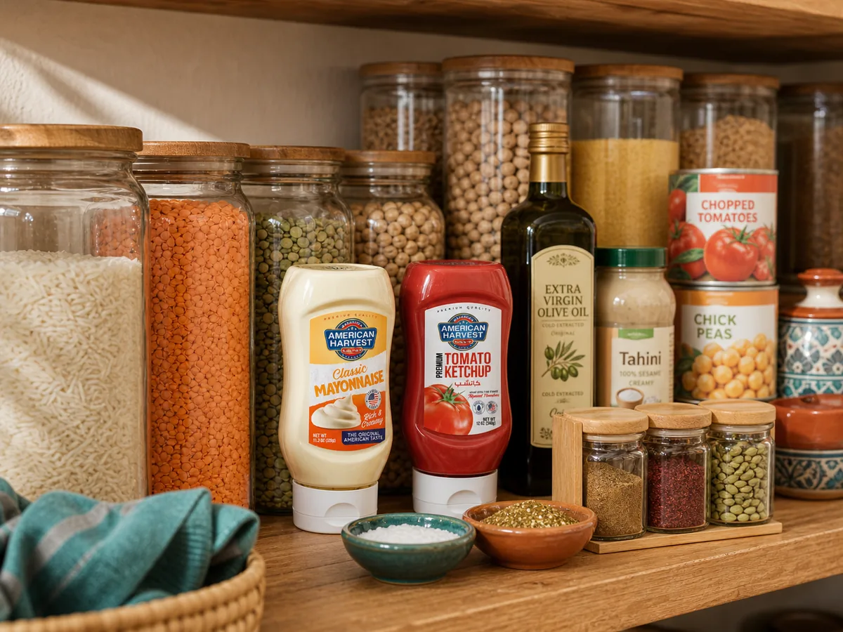 Organised UAE pantry shelf with jars of rice, lentils, chickpeas, bulgur, olive oil, tahini and spices in warm daylight