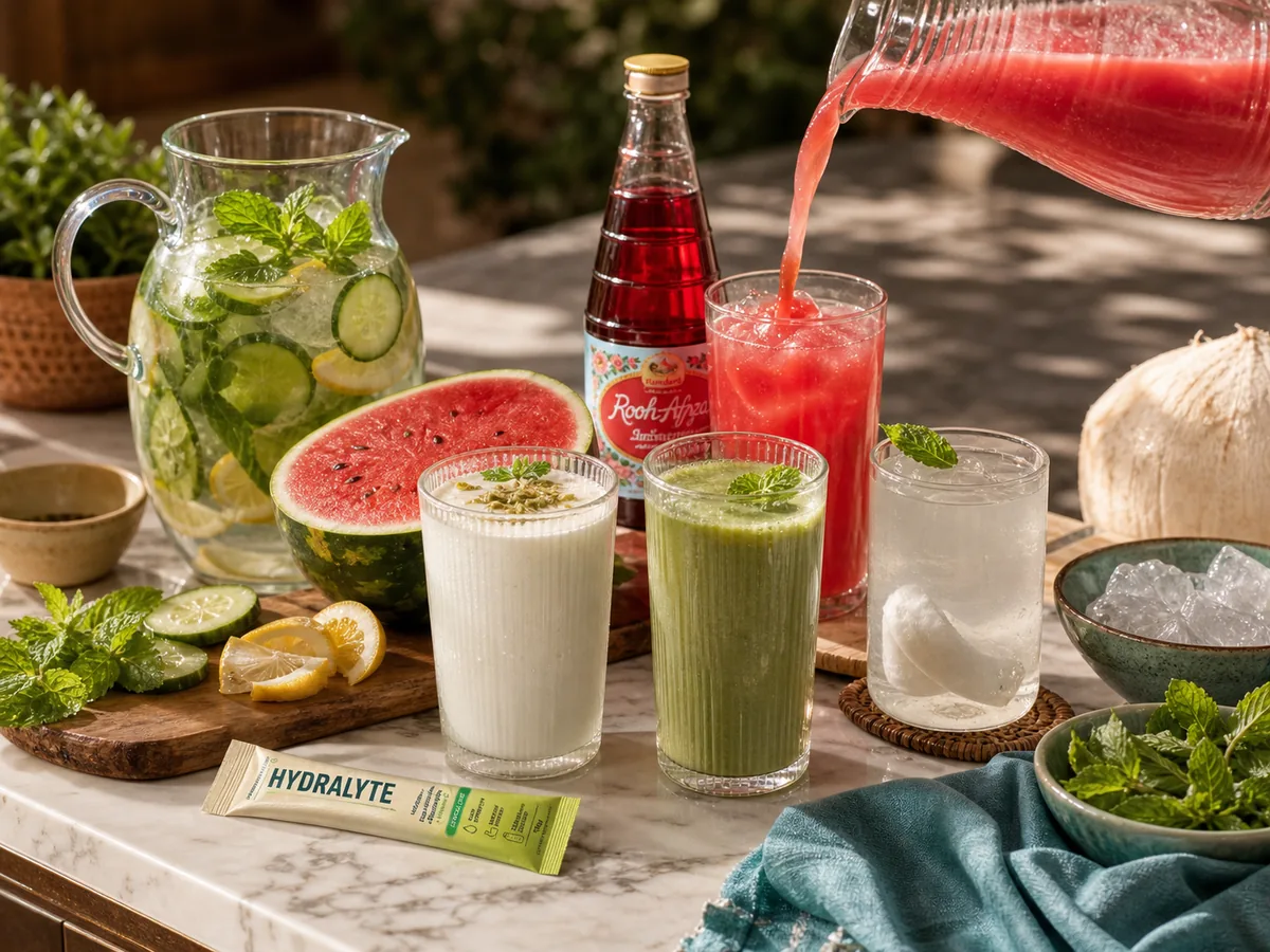 Gulf cooling-drinks station with infused water, watermelon juice, laban, mint lassi and rose sharbat over ice