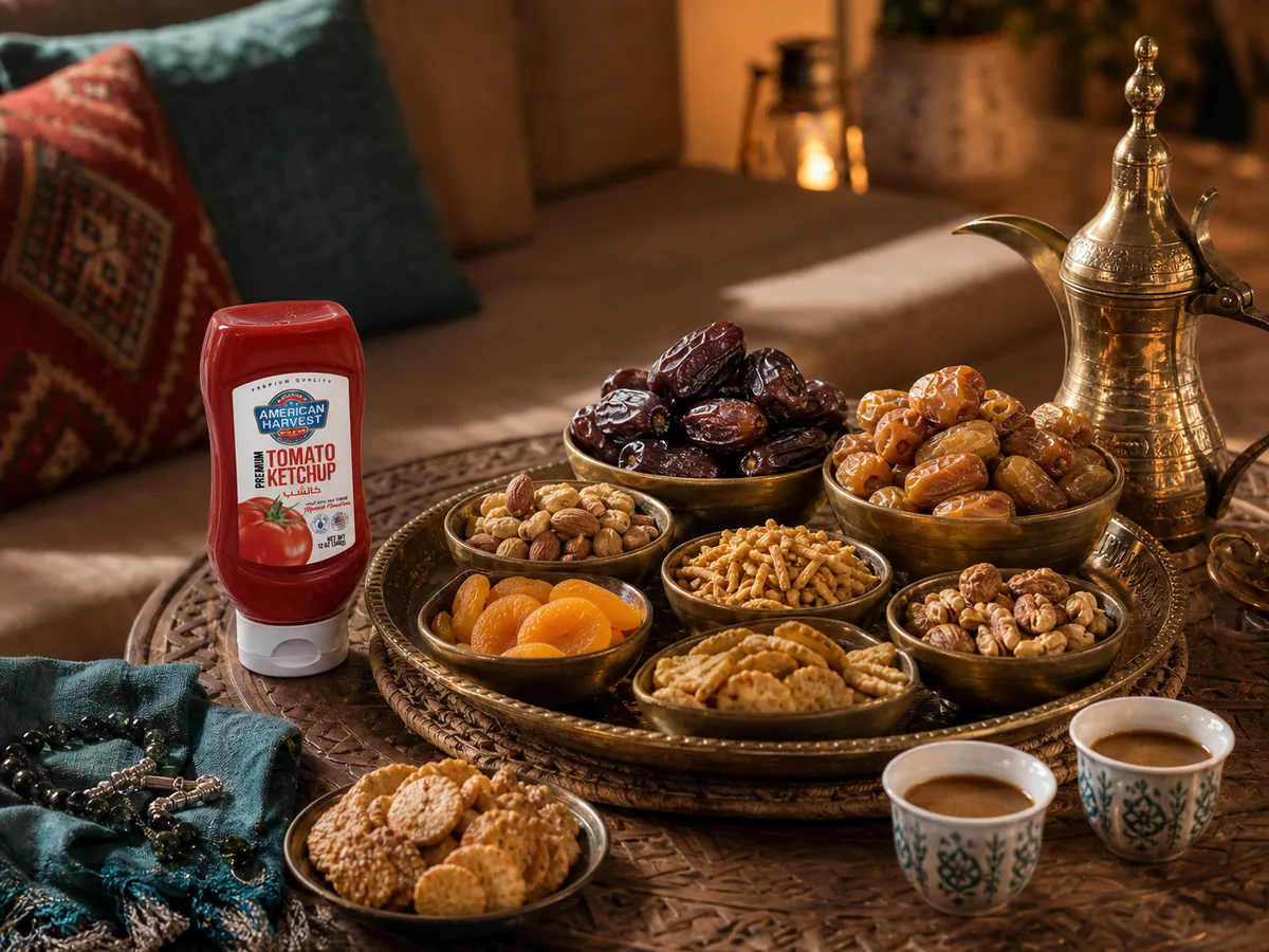 Majlis snack platter with Medjool dates, nuts, dried apricots, crackers and Arabic coffee from a gold dallah