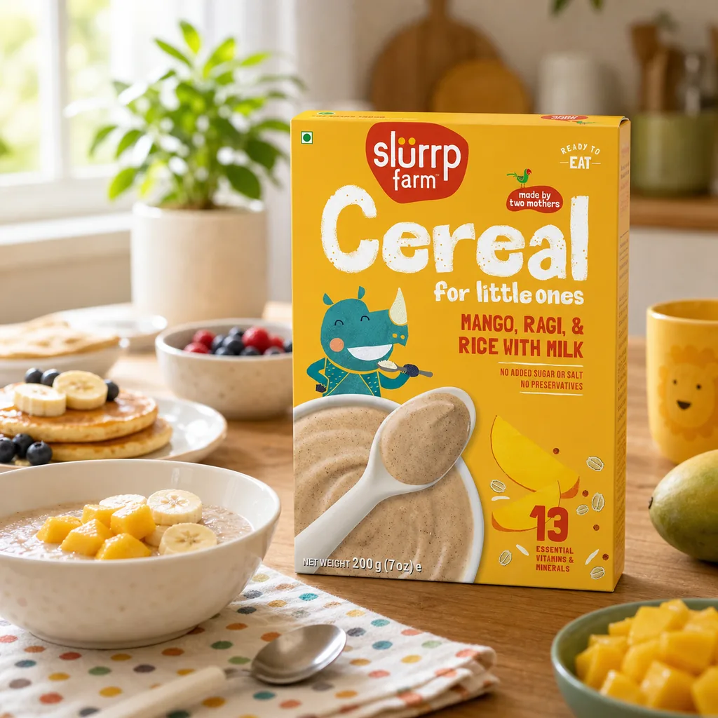Slurrp Farms Cereal: Ragi, Rice & Mango with Milk — Slurrp Farm stocked by Bagason Group in the UAE