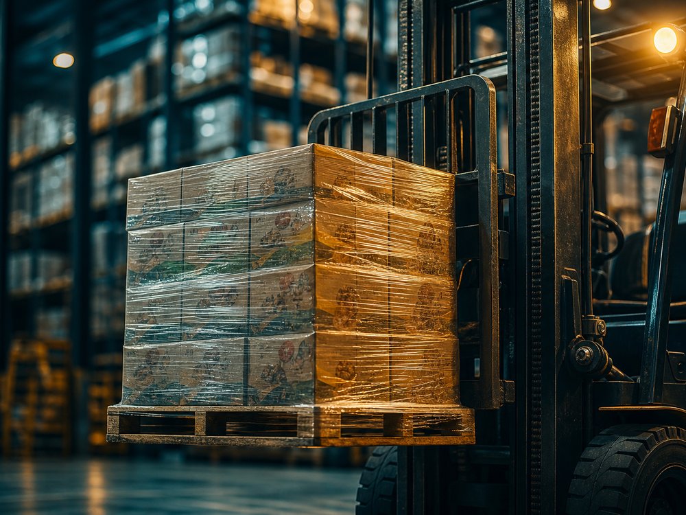 Forklift moving a pallet of packaged FMCG goods in Bagason's UAE distribution warehouse