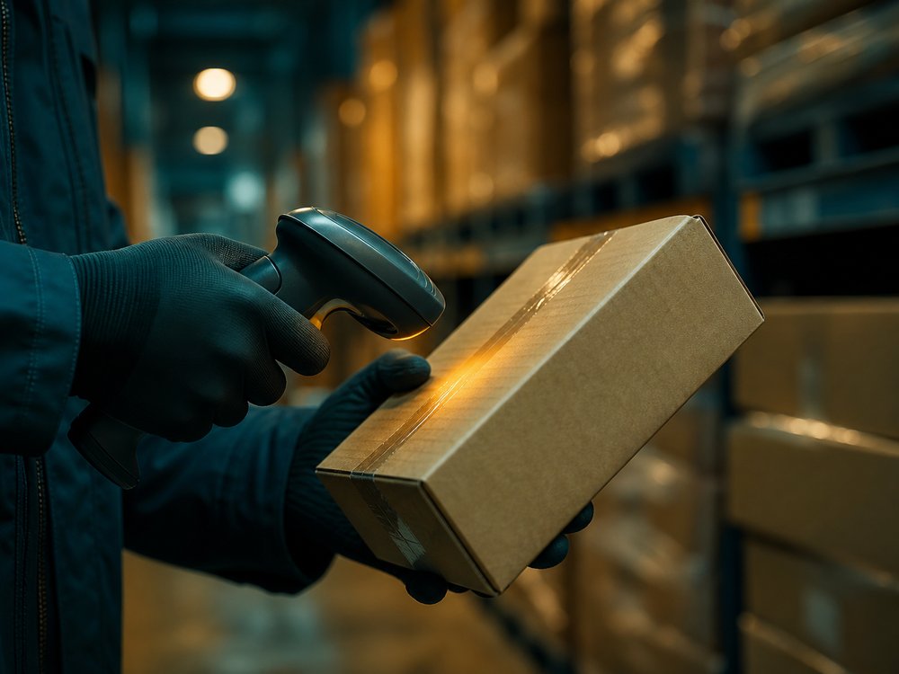 Warehouse operator barcode-scanning cartons of food products for distribution in the UAE