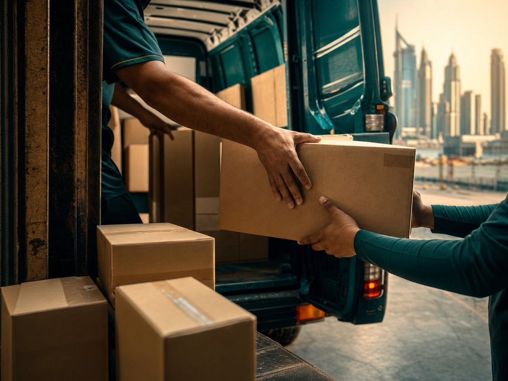 Cartons of food products being loaded into a Bagason delivery van in Dubai