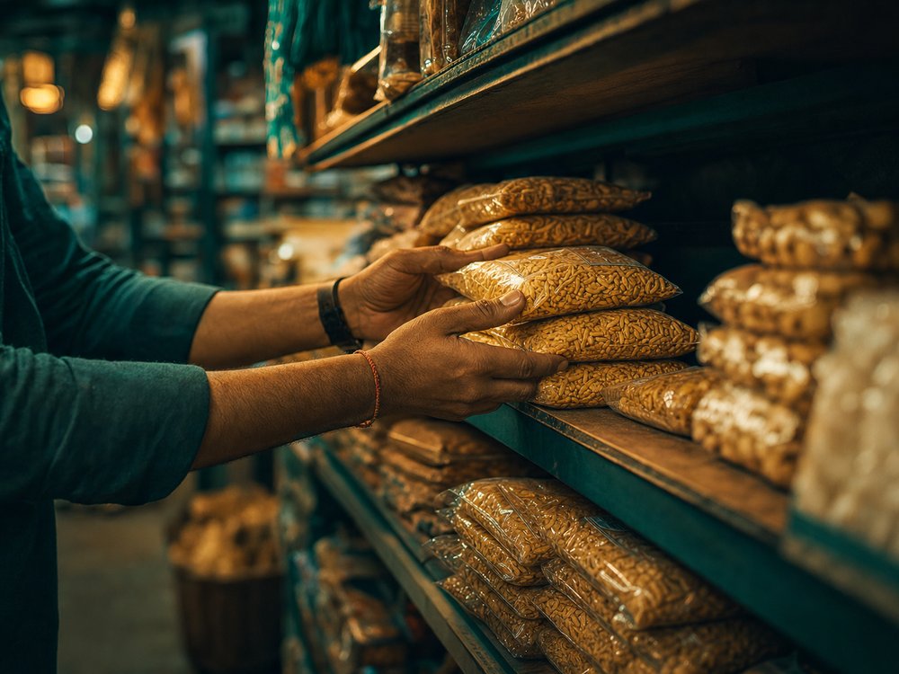 Packaged snacks being placed on the shelf of a traditional UAE grocery store