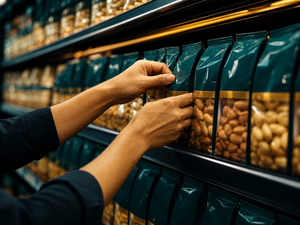 Merchandiser aligning packaged products on a UAE supermarket shelf to planogram
